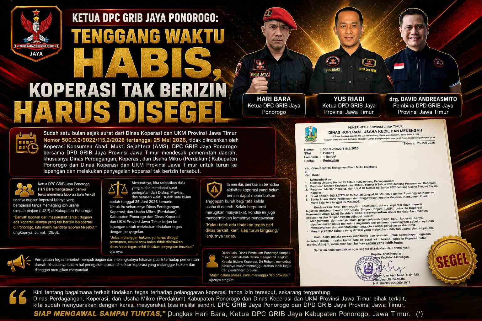 Ketua DPC GRIB Jaya Ponorogo: Tenggang Waktu Habis, Koperasi Tak Berizin Harus Disegel
