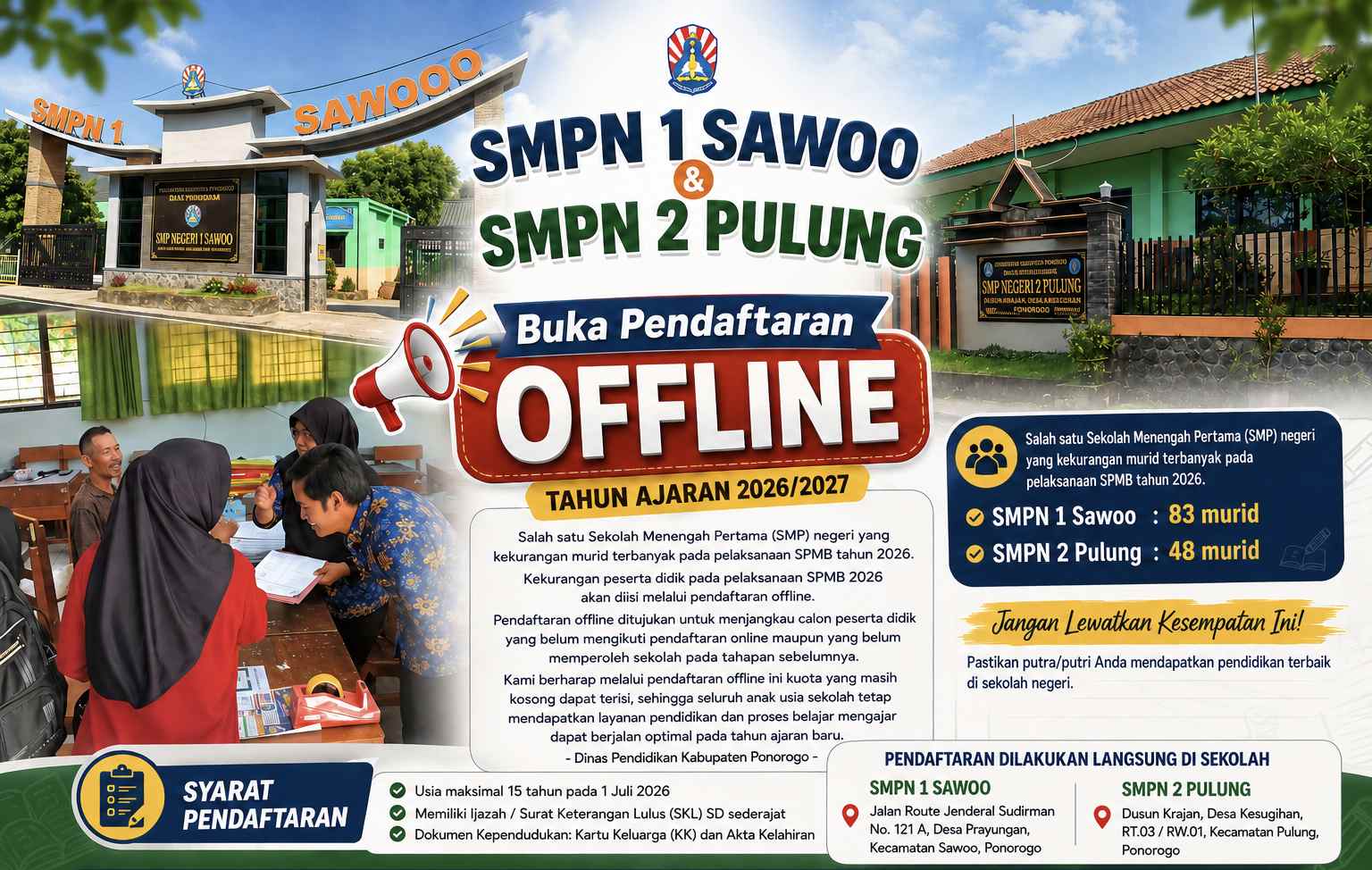 SMPN 1 Sawoo dan SMPN 2 Pulung Ponorogo, Buka Pendaftaran offline