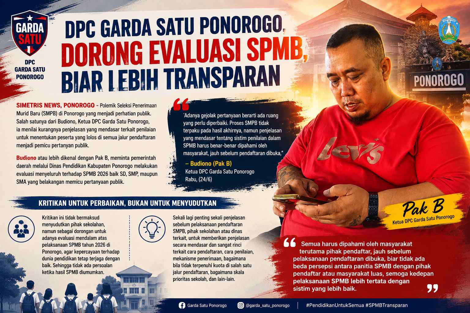 DPC Garda Satu Ponorogo, Dorong Evaluasi SPMB, Biar Lebih Transparan dan Tidak Koruptif