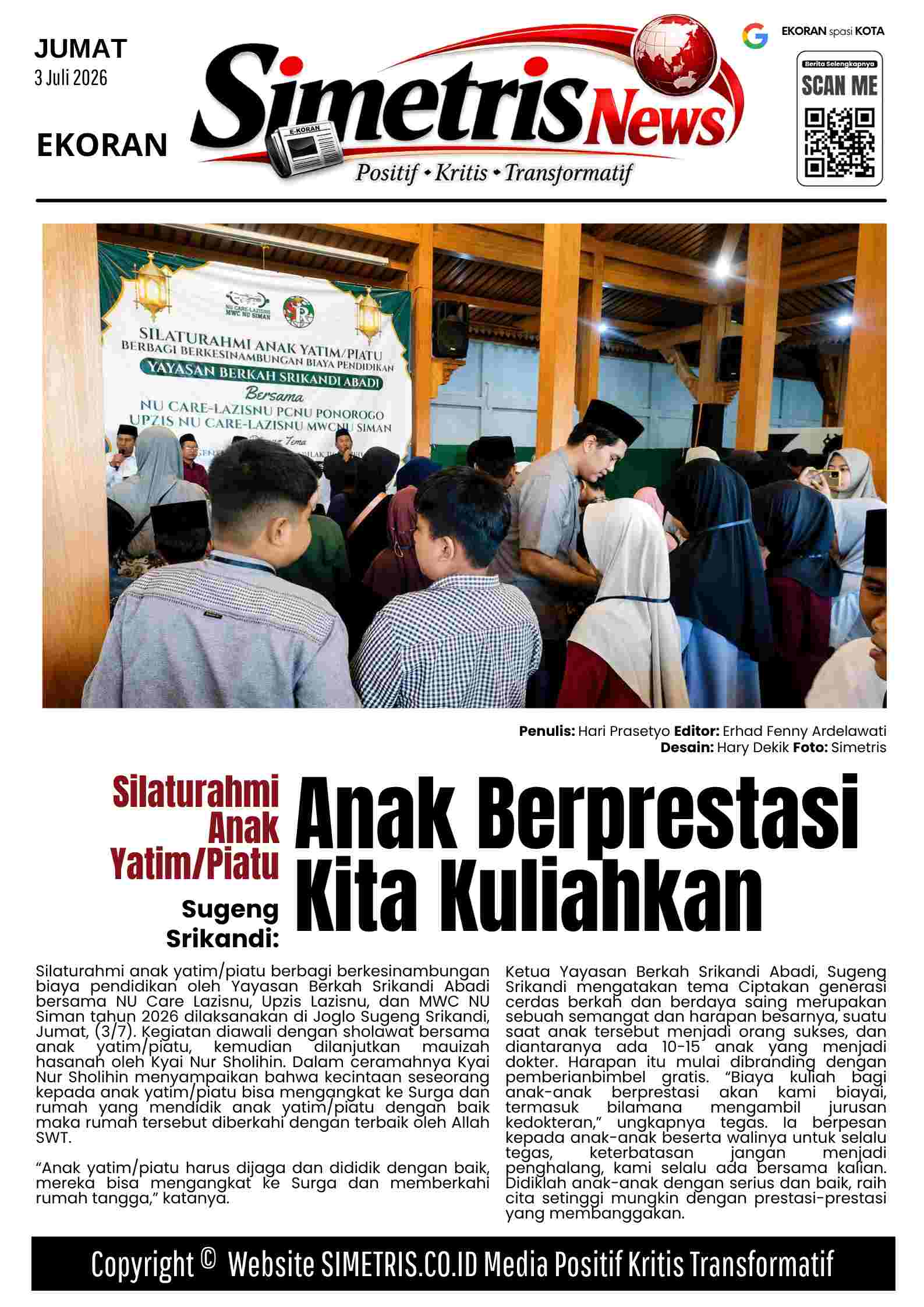 Gelar Silaturahmi Anak Yatim/Piatu, Sugeng Srikandi: Anak-anak Berprestasi, Kita Kuliahkan